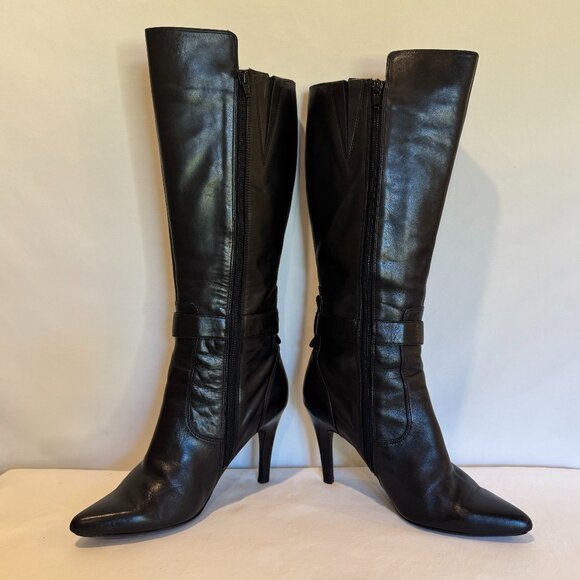 NINE WEST Reindeero Black Leather Strap Heel Zipper Women's Boot Size 8-1/2B - Picture 2 of 11